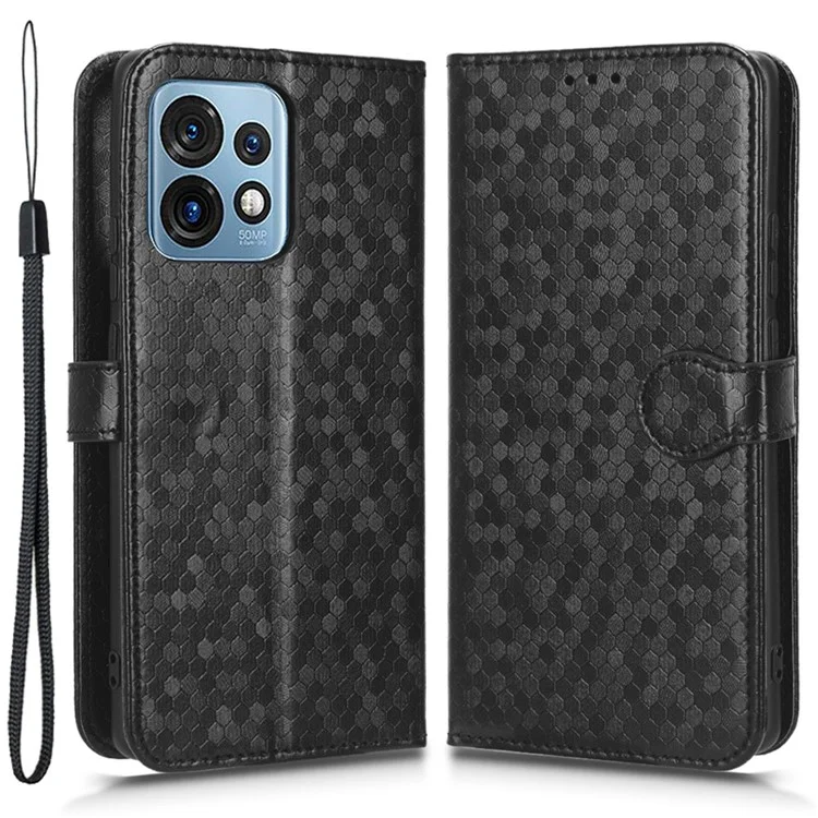 For Motorola Moto Edge 40 Pro 5G / Moto X40 5G Dot Pattern Imprinted PU Leather Wallet Stand Case Full Protection Phone Cover with Strap - Black