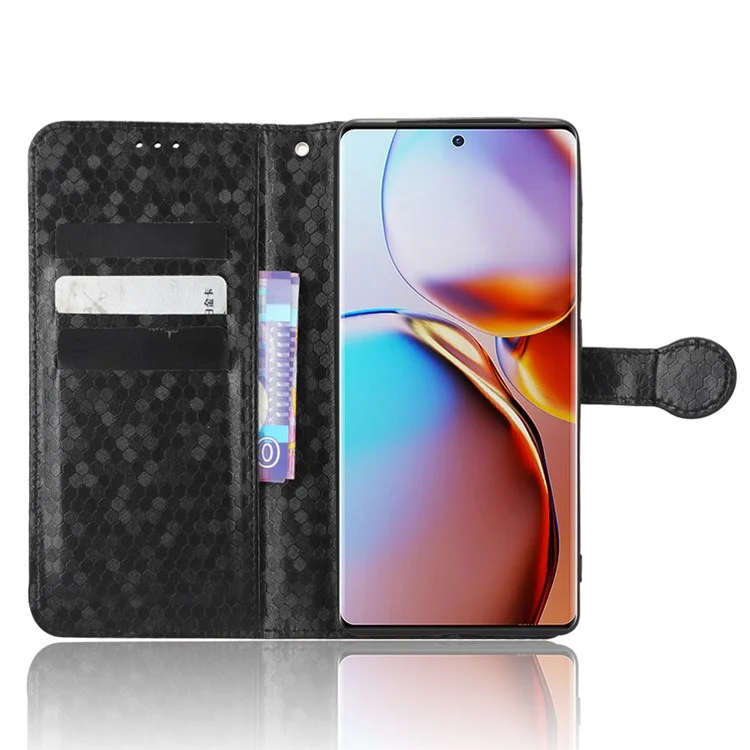 For Motorola Moto Edge 40 Pro 5G / Moto X40 5G Dot Pattern Imprinted PU Leather Wallet Stand Case Full Protection Phone Cover with Strap - Black