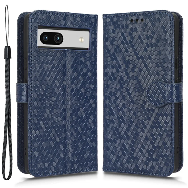 For Google Pixel 7a Dot Pattern Imprinted PU Leather Phone Case Wallet Foldable Stand Inner TPU Cover with Strap - Dark Blue