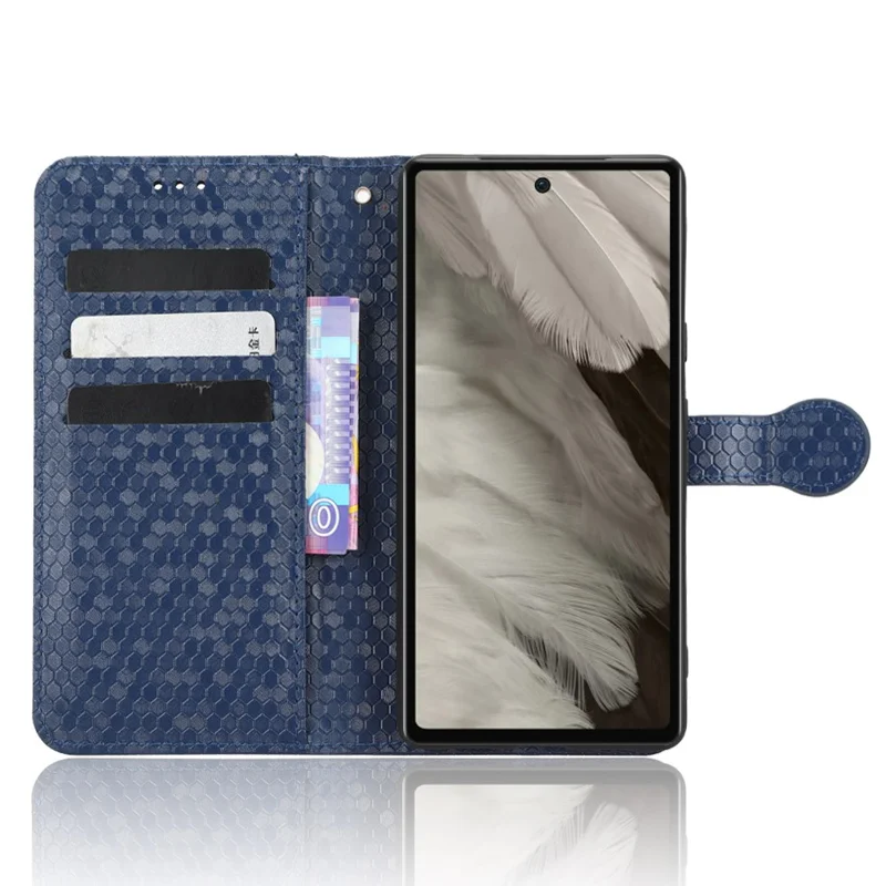 For Google Pixel 7a Dot Pattern Imprinted PU Leather Phone Case Wallet Foldable Stand Inner TPU Cover with Strap - Dark Blue