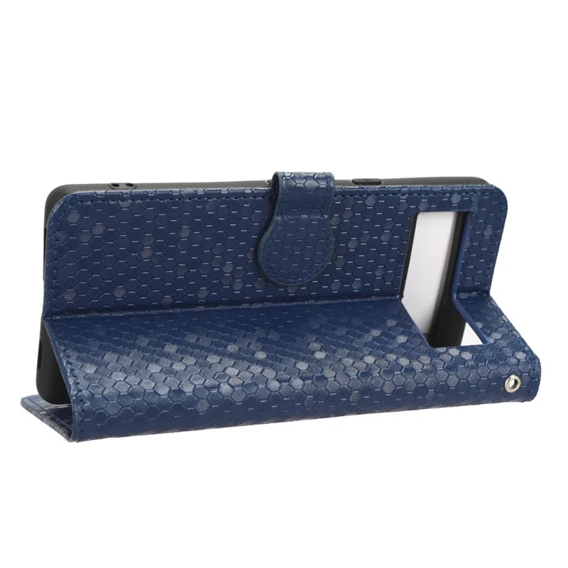 For Google Pixel 7a Dot Pattern Imprinted PU Leather Phone Case Wallet Foldable Stand Inner TPU Cover with Strap - Dark Blue