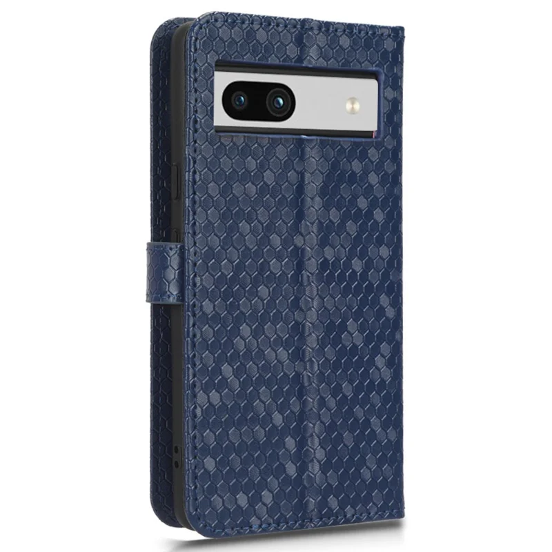 For Google Pixel 7a Dot Pattern Imprinted PU Leather Phone Case Wallet Foldable Stand Inner TPU Cover with Strap - Dark Blue