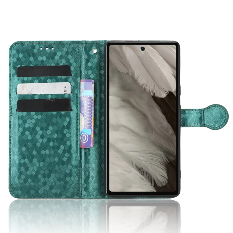 For Google Pixel 7a Dot Pattern Imprinted PU Leather Phone Case Wallet Foldable Stand Inner TPU Cover with Strap - Green