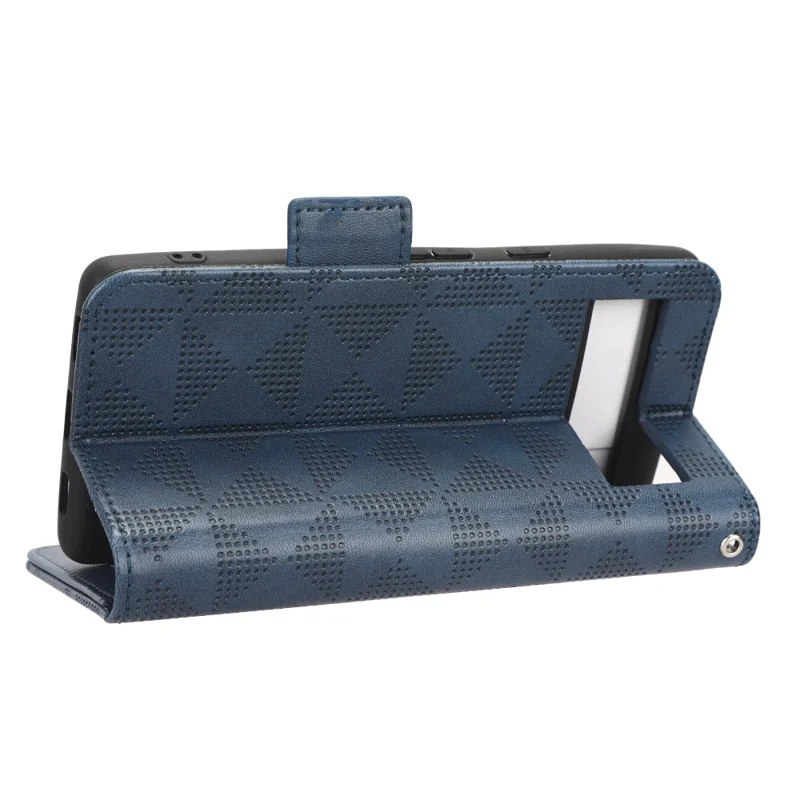 For Google Pixel 7a Imprinted Triangle Pattern Phone Cover Stand Wallet PU Leather Magnetic Clasp Case - Blue