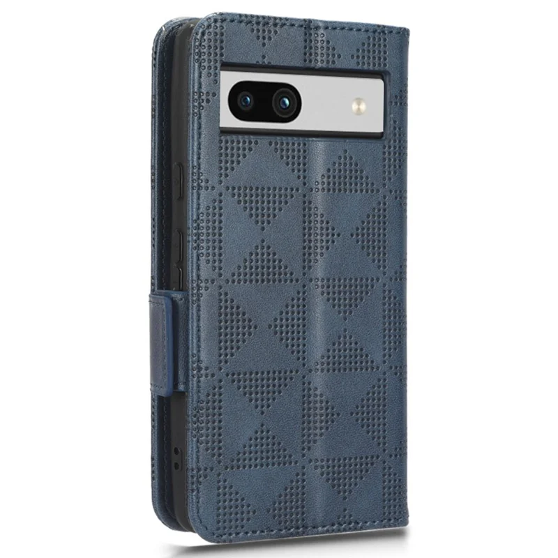 For Google Pixel 7a Imprinted Triangle Pattern Phone Cover Stand Wallet PU Leather Magnetic Clasp Case - Blue