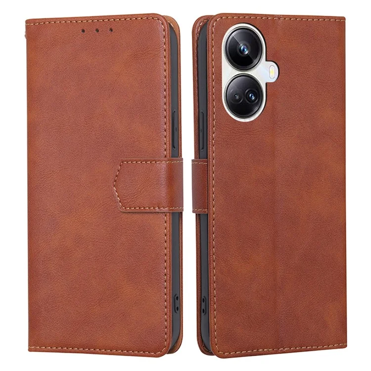 For Realme 10 Pro+ 5G Cowhide Texture PU Leather Stand Wallet Phone Case RFID Blocking Anti-drop Cover - Brown
