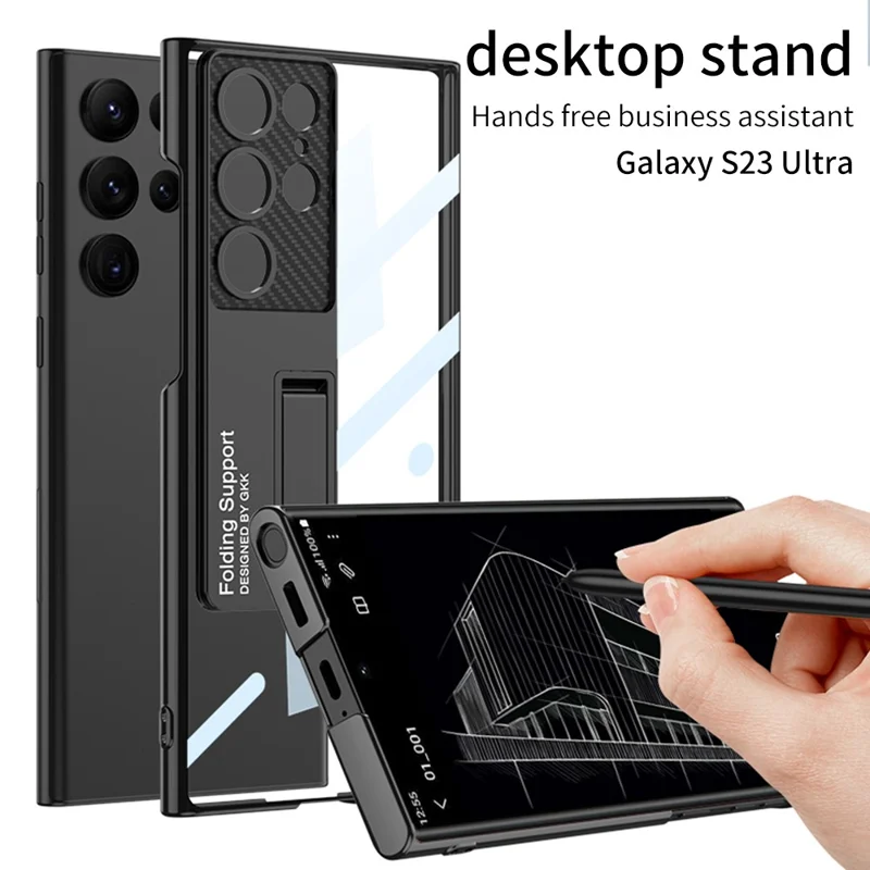 GKK Phantom Bracket Series for Samsung Galaxy S23 Ultra Electroplating Phone Case Clear Hard PC Kickstand Shockproof Cover - Black