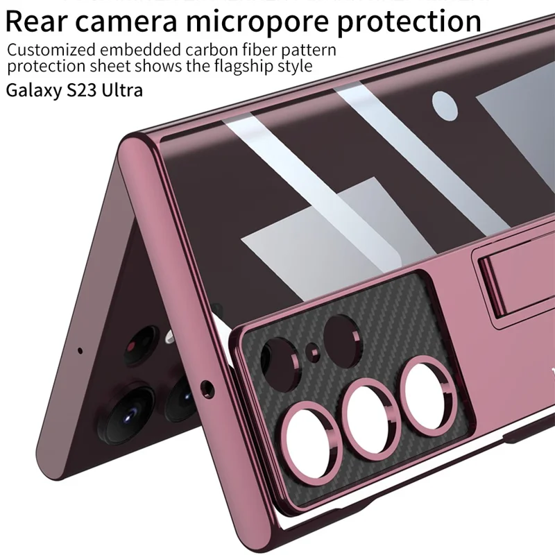 GKK Phantom Bracket Series for Samsung Galaxy S23 Ultra Electroplating Phone Case Clear Hard PC Kickstand Shockproof Cover - Black