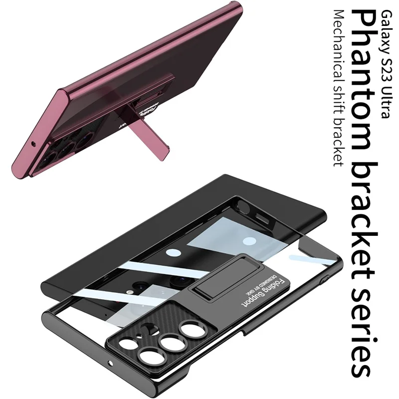 GKK Phantom Bracket Series for Samsung Galaxy S23 Ultra Electroplating Phone Case Clear Hard PC Kickstand Shockproof Cover - Black