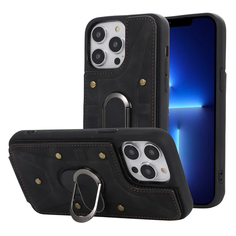 For iPhone 13 Pro 6.1 inch Card Bag Design Anti-fall Skin-touch PU Leather Coated TPU Back Case with Magnetic Ring Kickstand - Black