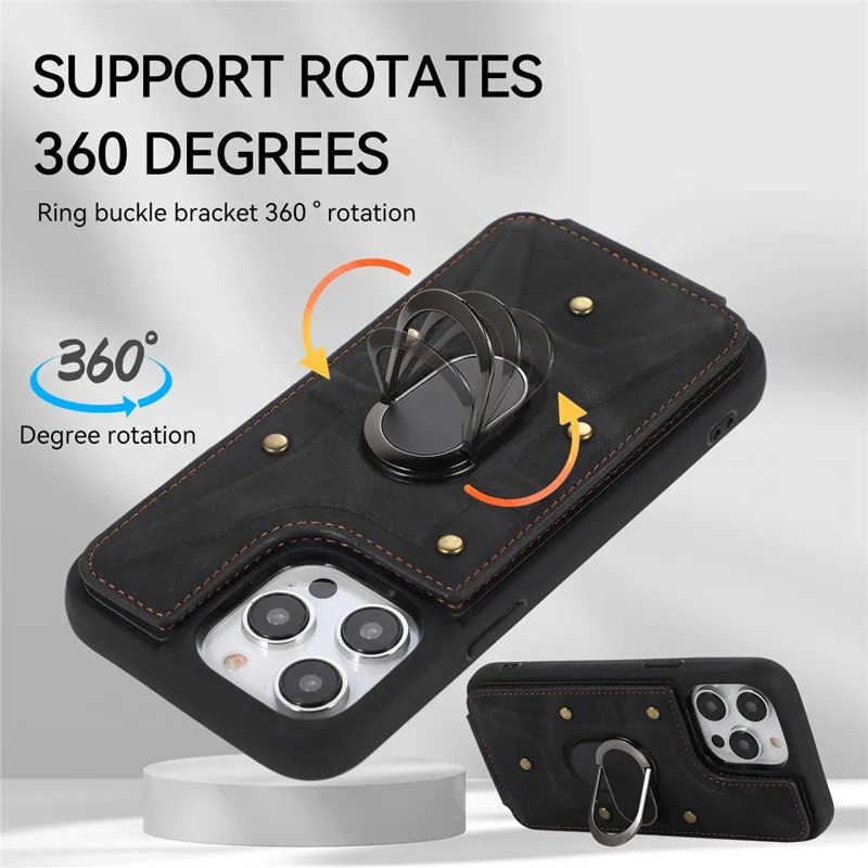 For iPhone 13 Pro 6.1 inch Card Bag Design Anti-fall Skin-touch PU Leather Coated TPU Back Case with Magnetic Ring Kickstand - Black