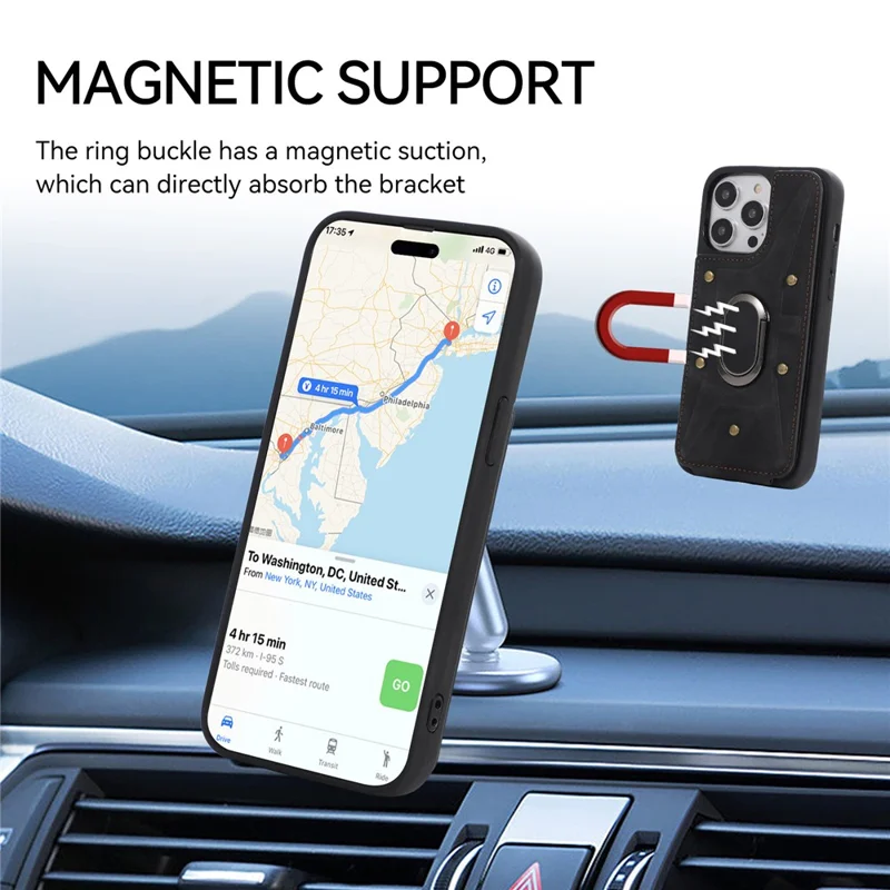 For iPhone 13 Pro 6.1 inch Card Bag Design Anti-fall Skin-touch PU Leather Coated TPU Back Case with Magnetic Ring Kickstand - Black