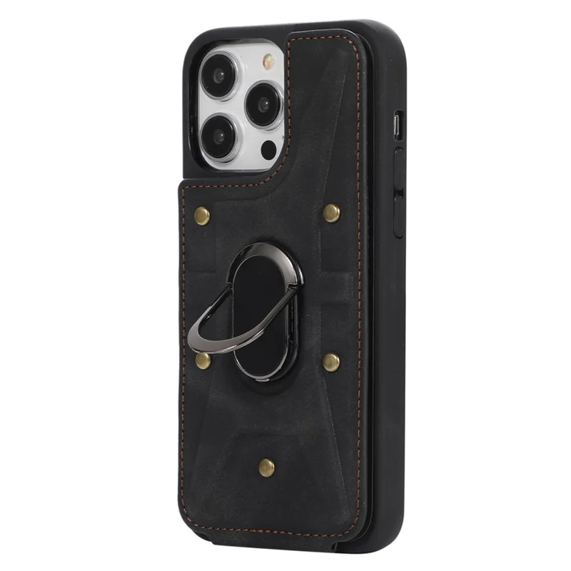 For iPhone 13 Pro 6.1 inch Card Bag Design Anti-fall Skin-touch PU Leather Coated TPU Back Case with Magnetic Ring Kickstand - Black