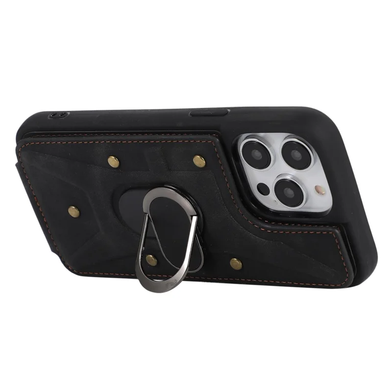 For iPhone 13 Pro 6.1 inch Card Bag Design Anti-fall Skin-touch PU Leather Coated TPU Back Case with Magnetic Ring Kickstand - Black