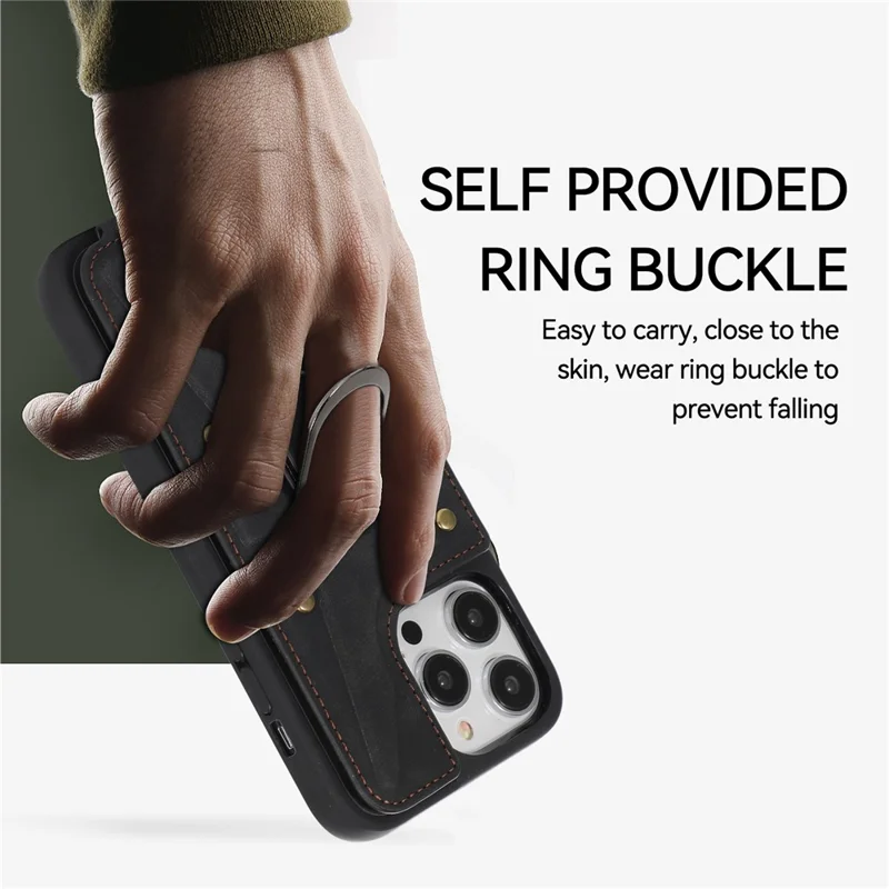 For iPhone 13 Pro 6.1 inch Card Bag Design Anti-fall Skin-touch PU Leather Coated TPU Back Case with Magnetic Ring Kickstand - Black