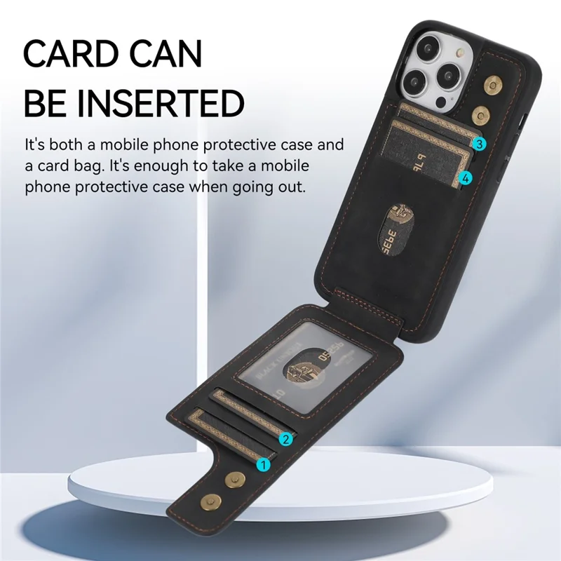 For iPhone 13 Pro 6.1 inch Card Bag Design Anti-fall Skin-touch PU Leather Coated TPU Back Case with Magnetic Ring Kickstand - Black