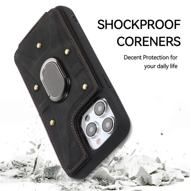 For iPhone 13 Pro 6.1 inch Card Bag Design Anti-fall Skin-touch PU Leather Coated TPU Back Case with Magnetic Ring Kickstand - Black