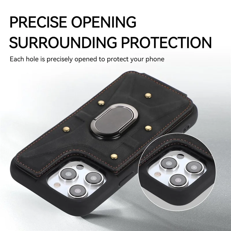 For iPhone 13 Pro 6.1 inch Card Bag Design Anti-fall Skin-touch PU Leather Coated TPU Back Case with Magnetic Ring Kickstand - Black