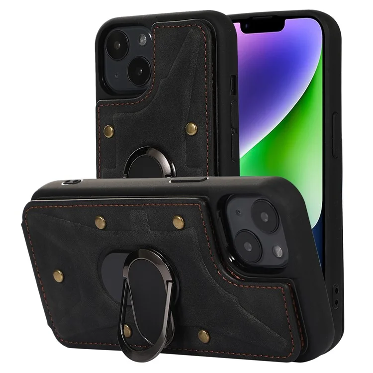For iPhone 13 / 14 6.1 inch Card Bag Design Collision Resistant Skin-touch PU Leather Coated TPU Back Case with Magnetic Ring Kickstand - Black