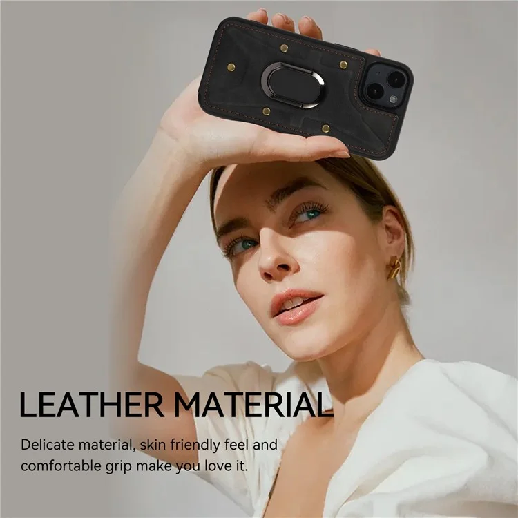 For iPhone 13 / 14 6.1 inch Card Bag Design Collision Resistant Skin-touch PU Leather Coated TPU Back Case with Magnetic Ring Kickstand - Black