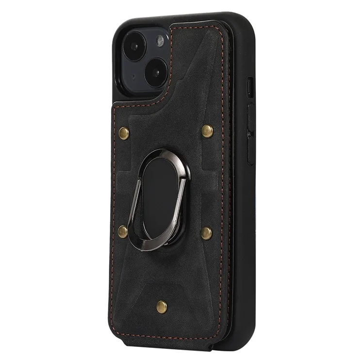 For iPhone 13 / 14 6.1 inch Card Bag Design Collision Resistant Skin-touch PU Leather Coated TPU Back Case with Magnetic Ring Kickstand - Black