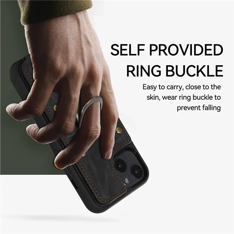 For iPhone 13 / 14 6.1 inch Card Bag Design Collision Resistant Skin-touch PU Leather Coated TPU Back Case with Magnetic Ring Kickstand - Black