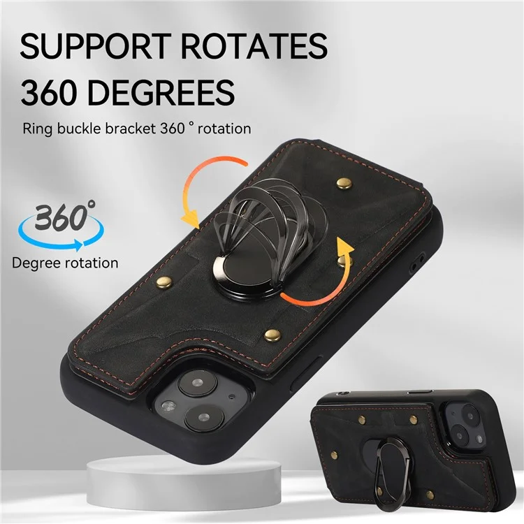 For iPhone 13 / 14 6.1 inch Card Bag Design Collision Resistant Skin-touch PU Leather Coated TPU Back Case with Magnetic Ring Kickstand - Black