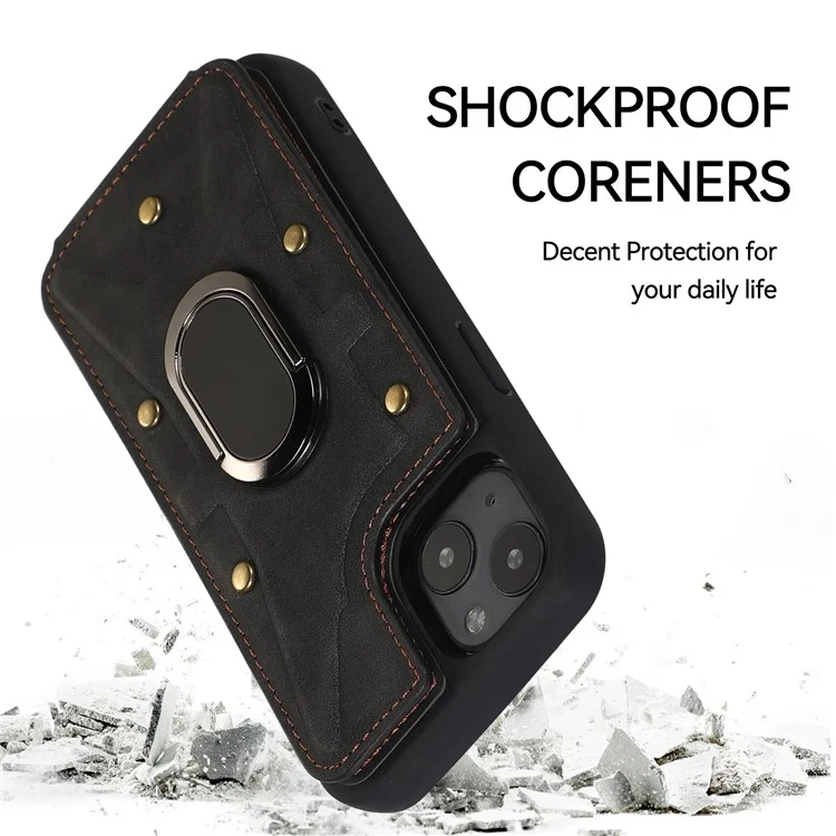 For iPhone 13 / 14 6.1 inch Card Bag Design Collision Resistant Skin-touch PU Leather Coated TPU Back Case with Magnetic Ring Kickstand - Black