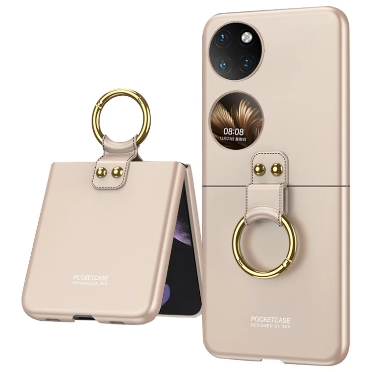 GKK Para Huawei P50 Pocket Funda de teléfono dura de PC a prueba de golpes con anillo para el dedo y soporte Diseño ultra delgado con protector de pantalla de vidrio templado pequeño - Oro Champán 