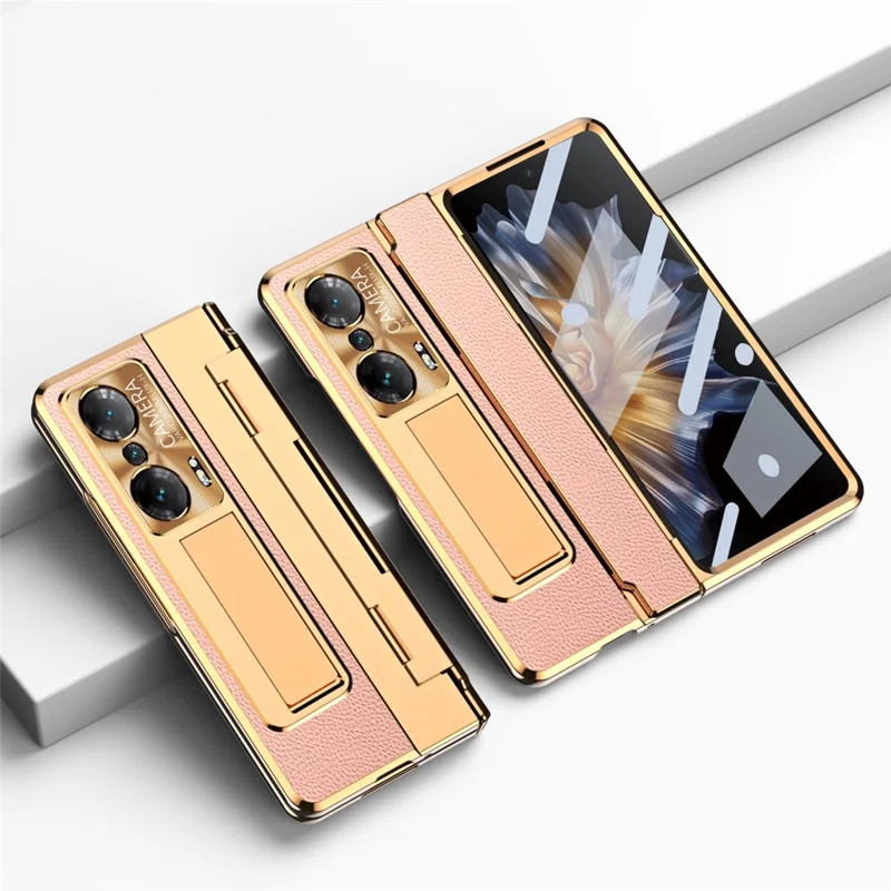 Drop-proof Phone Case For Honor Magic Vs Ultimate 5G / Magic Vs 5G, Hinge Protection PC Back Cover with Tempered Glass Screen Film -  Gold / Pink