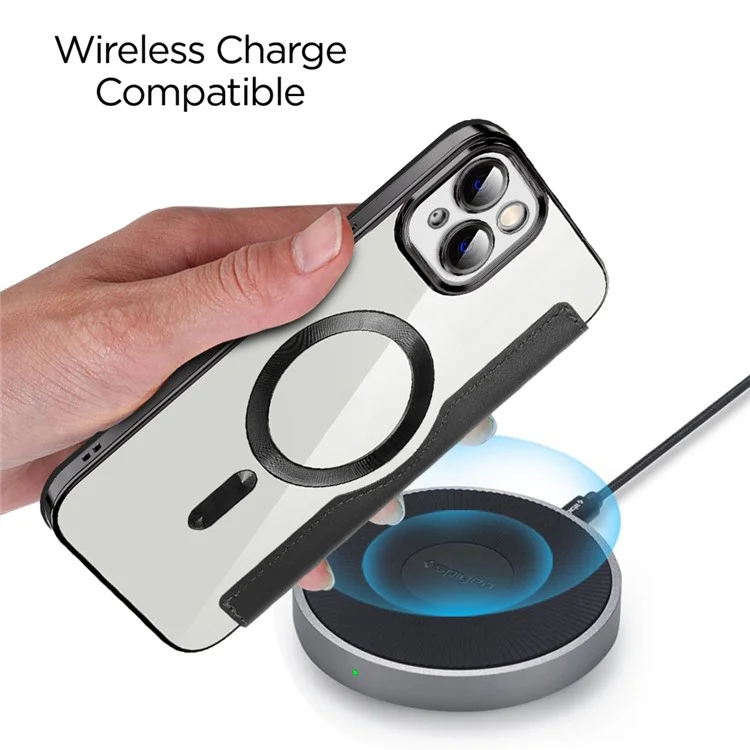 For iPhone 14 Compatible with MagSafe RFID Blocking Card Slots PU Leather+TPU Electroplating Clear Back Flip Case with Lens Film - Black