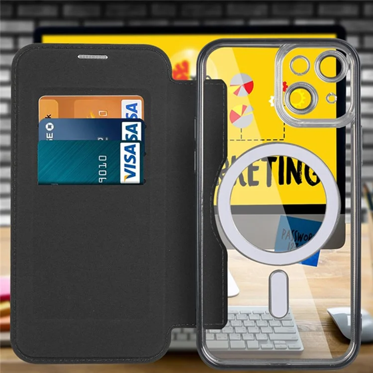 For iPhone 14 Compatible with MagSafe RFID Blocking Card Slots PU Leather+TPU Electroplating Clear Back Flip Case with Lens Film - Black