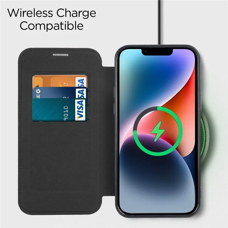 For iPhone 14 Compatible with MagSafe RFID Blocking Card Slots PU Leather+TPU Electroplating Clear Back Flip Case with Lens Film - Black