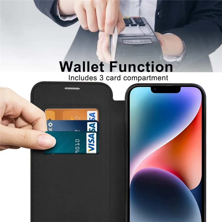 For iPhone 14 Compatible with MagSafe RFID Blocking Card Slots PU Leather+TPU Electroplating Clear Back Flip Case with Lens Film - Black