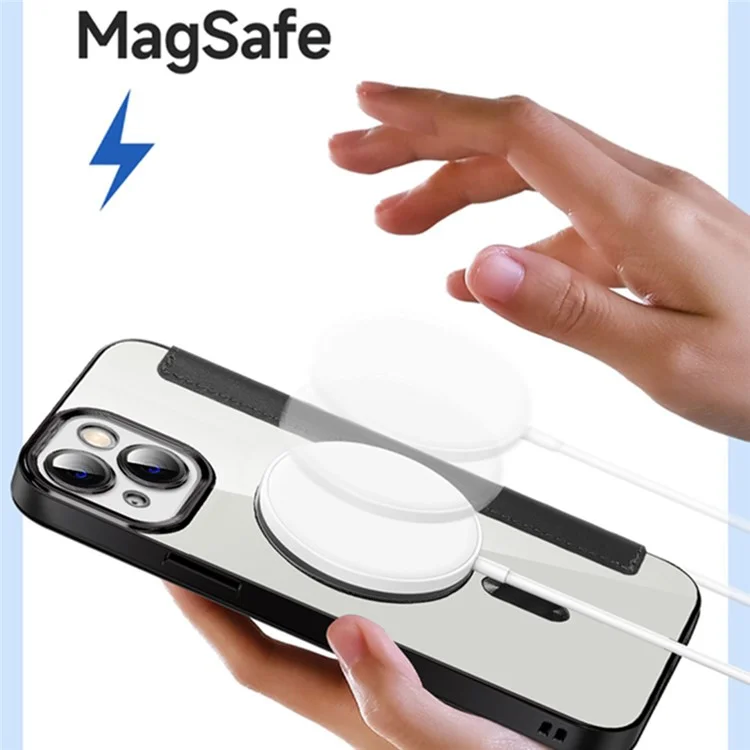 For iPhone 14 Compatible with MagSafe RFID Blocking Card Slots PU Leather+TPU Electroplating Clear Back Flip Case with Lens Film - Black
