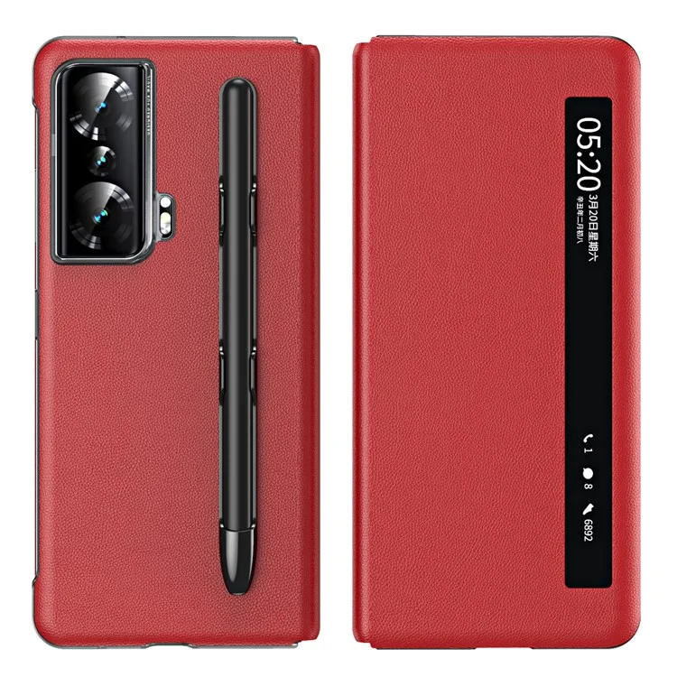 For Honor Magic Vs Ultimate 5G / Magic Vs 5G View Window Litchi Texture PU Leather Case Foldable Stand Cover with Pen Slot and Stylus Pen - Red