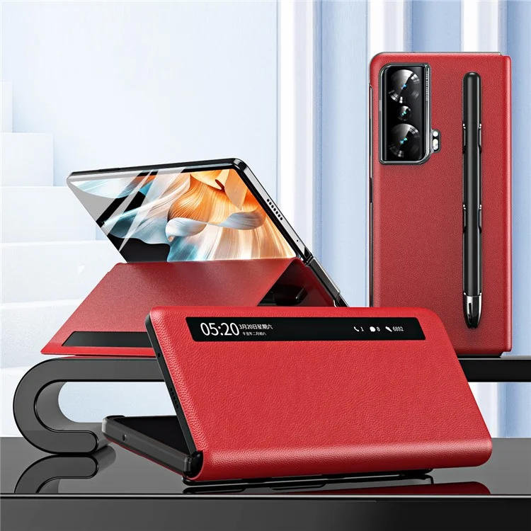 For Honor Magic Vs Ultimate 5G / Magic Vs 5G View Window Litchi Texture PU Leather Case Foldable Stand Cover with Pen Slot and Stylus Pen - Red