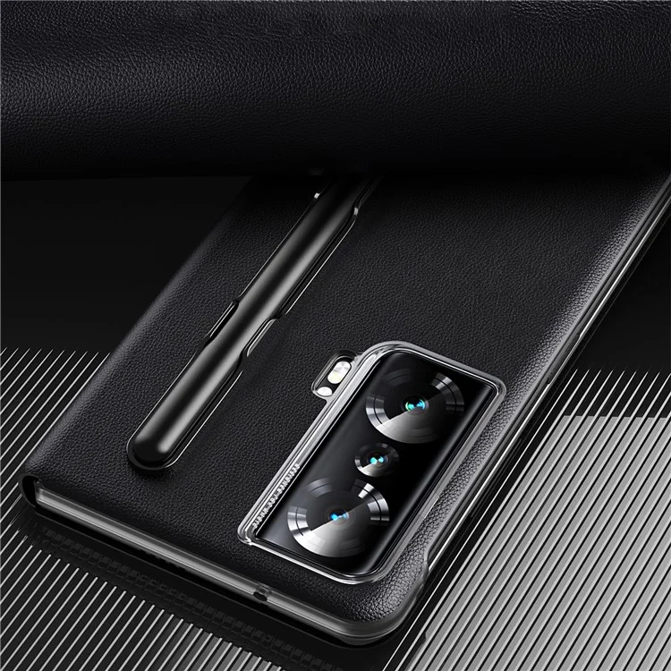 For Honor Magic Vs Ultimate 5G / Magic Vs 5G View Window Litchi Texture PU Leather Case Foldable Stand Cover with Pen Slot and Stylus Pen - Red
