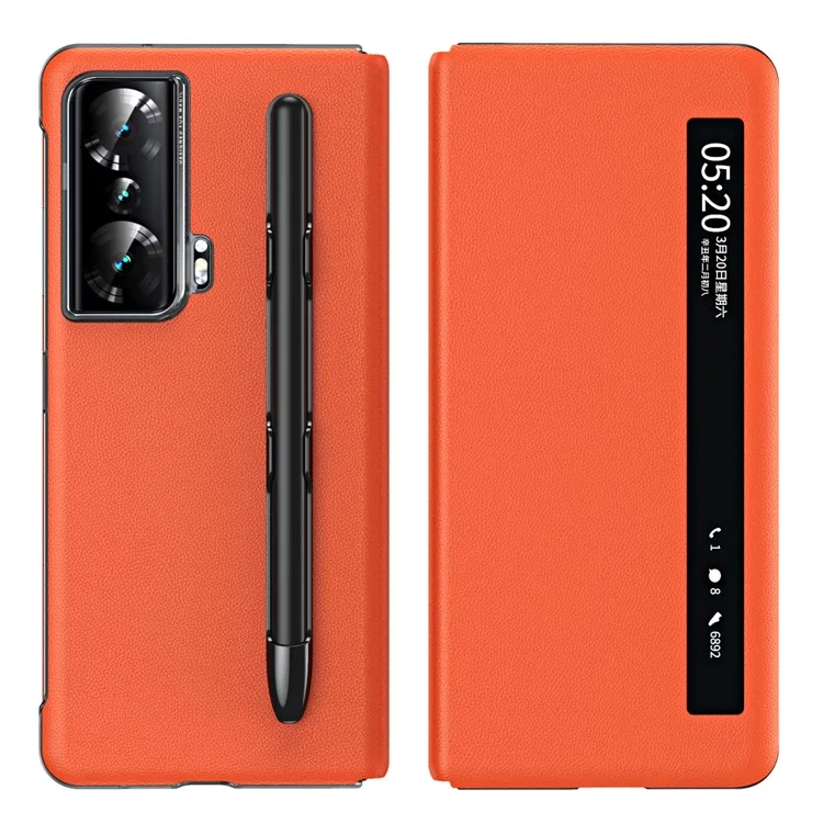 For Honor Magic Vs Ultimate 5G / Magic Vs 5G View Window Litchi Texture PU Leather Case Foldable Stand Cover with Pen Slot and Stylus Pen - Orange