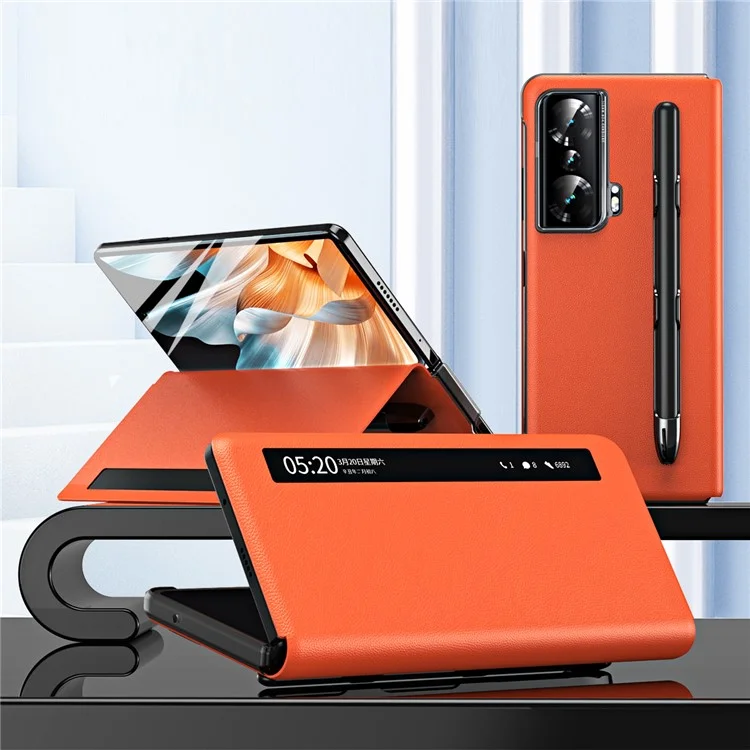 For Honor Magic Vs Ultimate 5G / Magic Vs 5G View Window Litchi Texture PU Leather Case Foldable Stand Cover with Pen Slot and Stylus Pen - Orange
