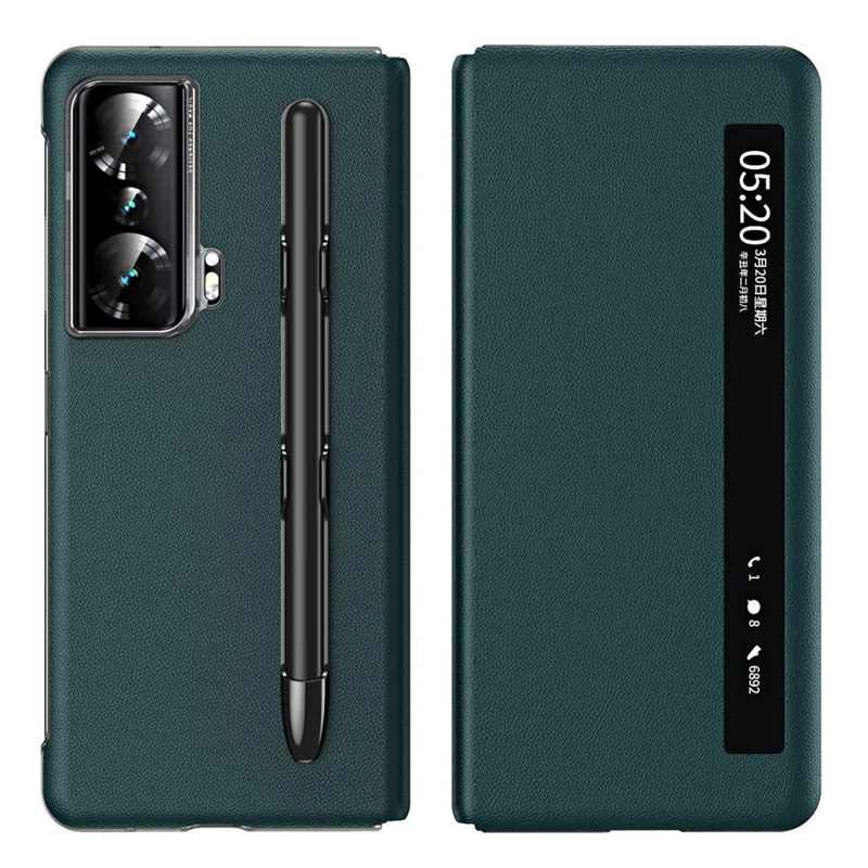 For Honor Magic Vs Ultimate 5G / Magic Vs 5G View Window Litchi Texture PU Leather Case Foldable Stand Cover with Pen Slot and Stylus Pen - Green