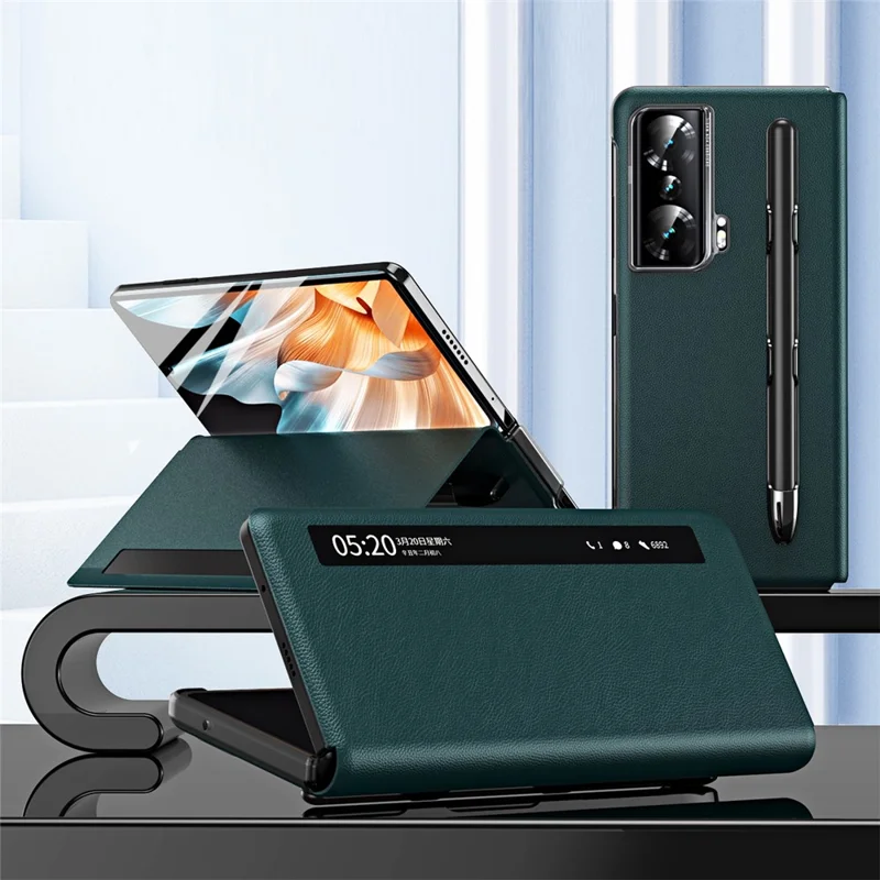 For Honor Magic Vs Ultimate 5G / Magic Vs 5G View Window Litchi Texture PU Leather Case Foldable Stand Cover with Pen Slot and Stylus Pen - Green