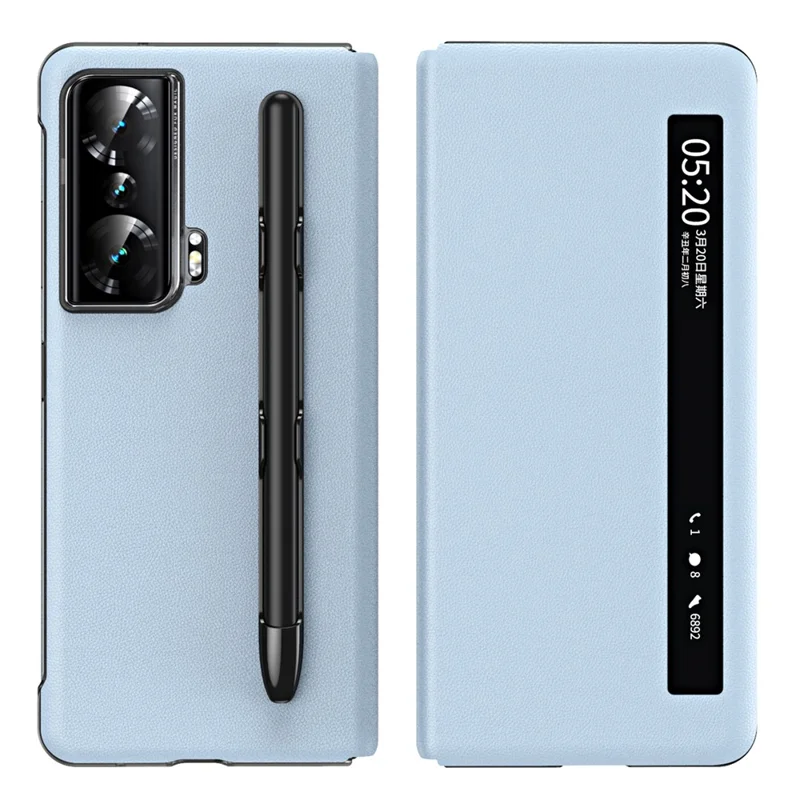 Til Honor Magic Vs Ultimate 5G / Magic Vs 5G View Window Litchi-struktur PU-læderetui med foldbar stående kant og penneholder med stiluspen - Blå