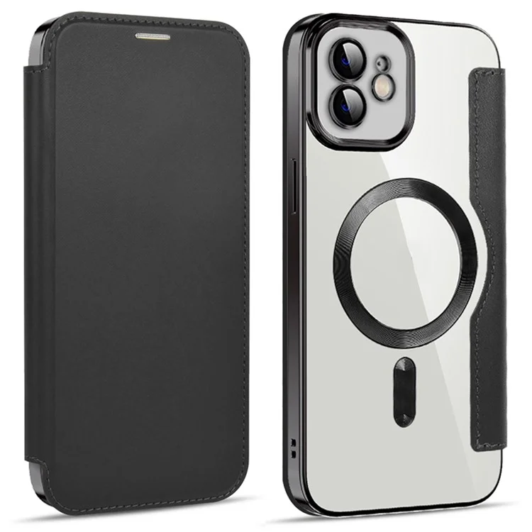 Pour iPhone 11 6.1 pouces Compatible avec MagSafe Fentes pour carte de blocage RFID Anti-chute Cuir PU+TPU Électroplaqué Coque à rabat transparente avec film de protection de l'objectif - Noir