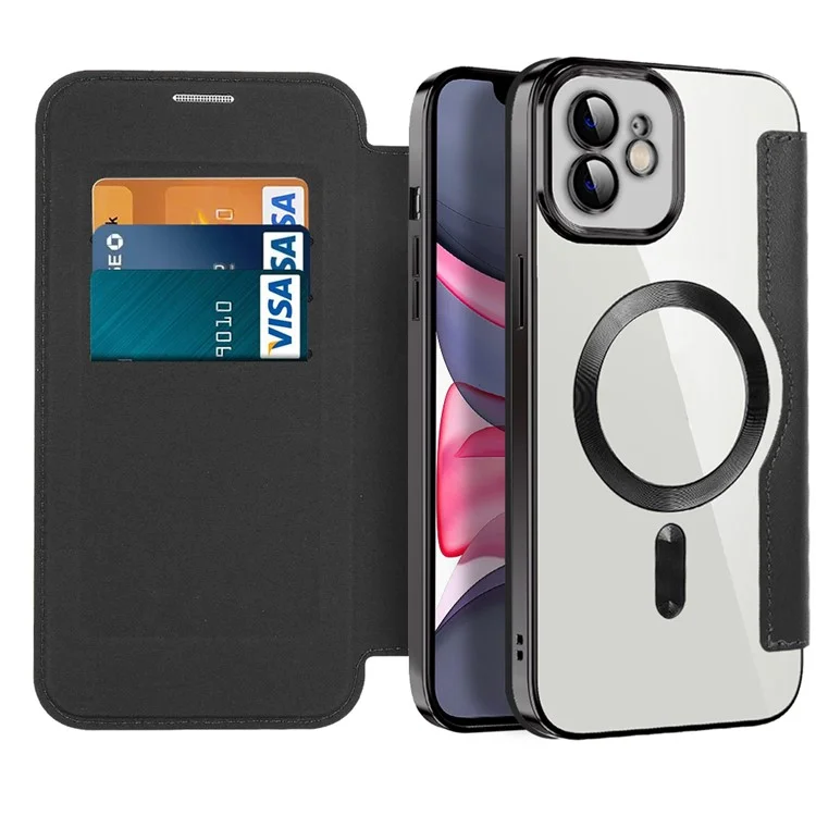 Pour iPhone 11 6.1 pouces Compatible avec MagSafe Fentes pour carte de blocage RFID Anti-chute Cuir PU+TPU Électroplaqué Coque à rabat transparente avec film de protection de l'objectif - Noir