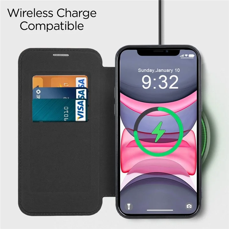 Pour iPhone 11 6.1 pouces Compatible avec MagSafe Fentes pour carte de blocage RFID Anti-chute Cuir PU+TPU Électroplaqué Coque à rabat transparente avec film de protection de l'objectif - Noir