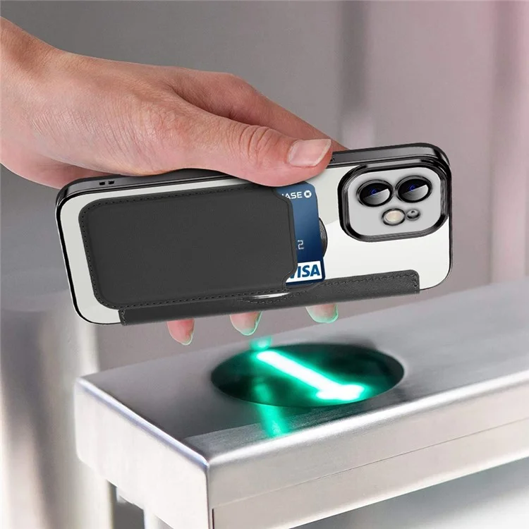 Pour iPhone 11 6.1 pouces Compatible avec MagSafe Fentes pour carte de blocage RFID Anti-chute Cuir PU+TPU Électroplaqué Coque à rabat transparente avec film de protection de l'objectif - Noir