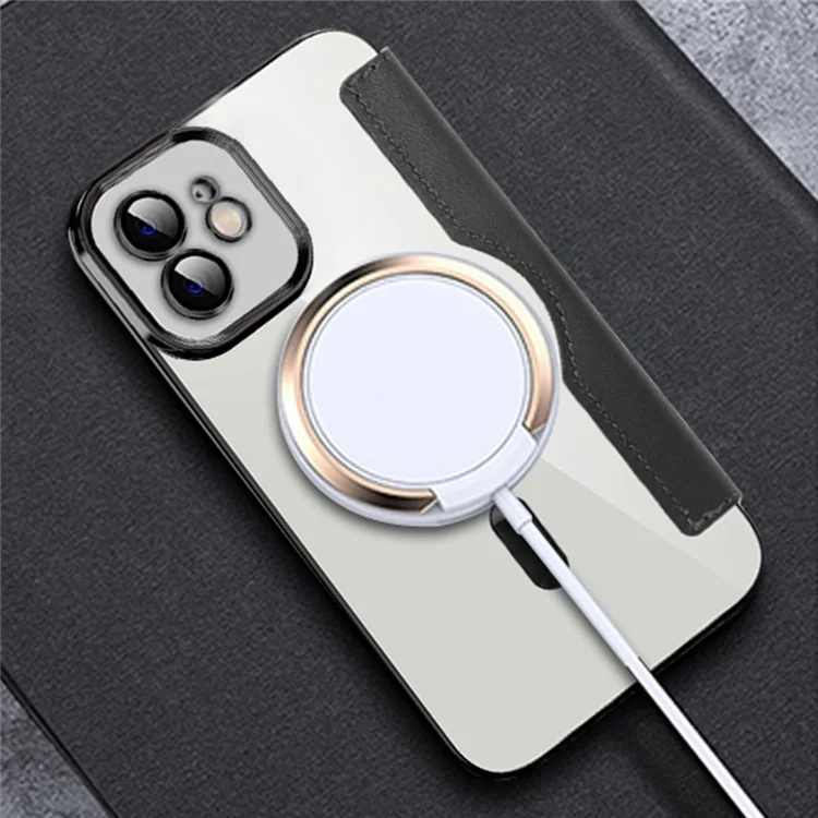 Pour iPhone 11 6.1 pouces Compatible avec MagSafe Fentes pour carte de blocage RFID Anti-chute Cuir PU+TPU Électroplaqué Coque à rabat transparente avec film de protection de l'objectif - Noir