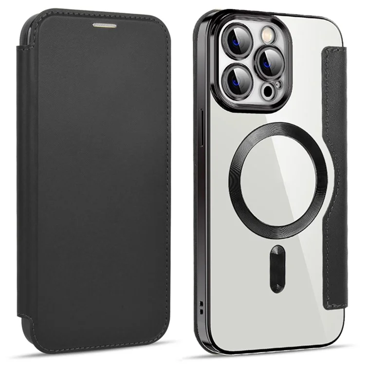 Phone Cover for iPhone 14 Pro Max, Compatible with MagSafe RFID Blocking Card Slots PU Leather+TPU Electroplating Clear Back Flip Case with Lens Film - Black