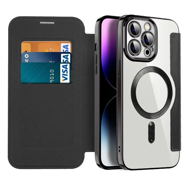 Phone Cover for iPhone 14 Pro Max, Compatible with MagSafe RFID Blocking Card Slots PU Leather+TPU Electroplating Clear Back Flip Case with Lens Film - Black